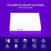 1x1 surface mount LED panel with specifications on a purple background
